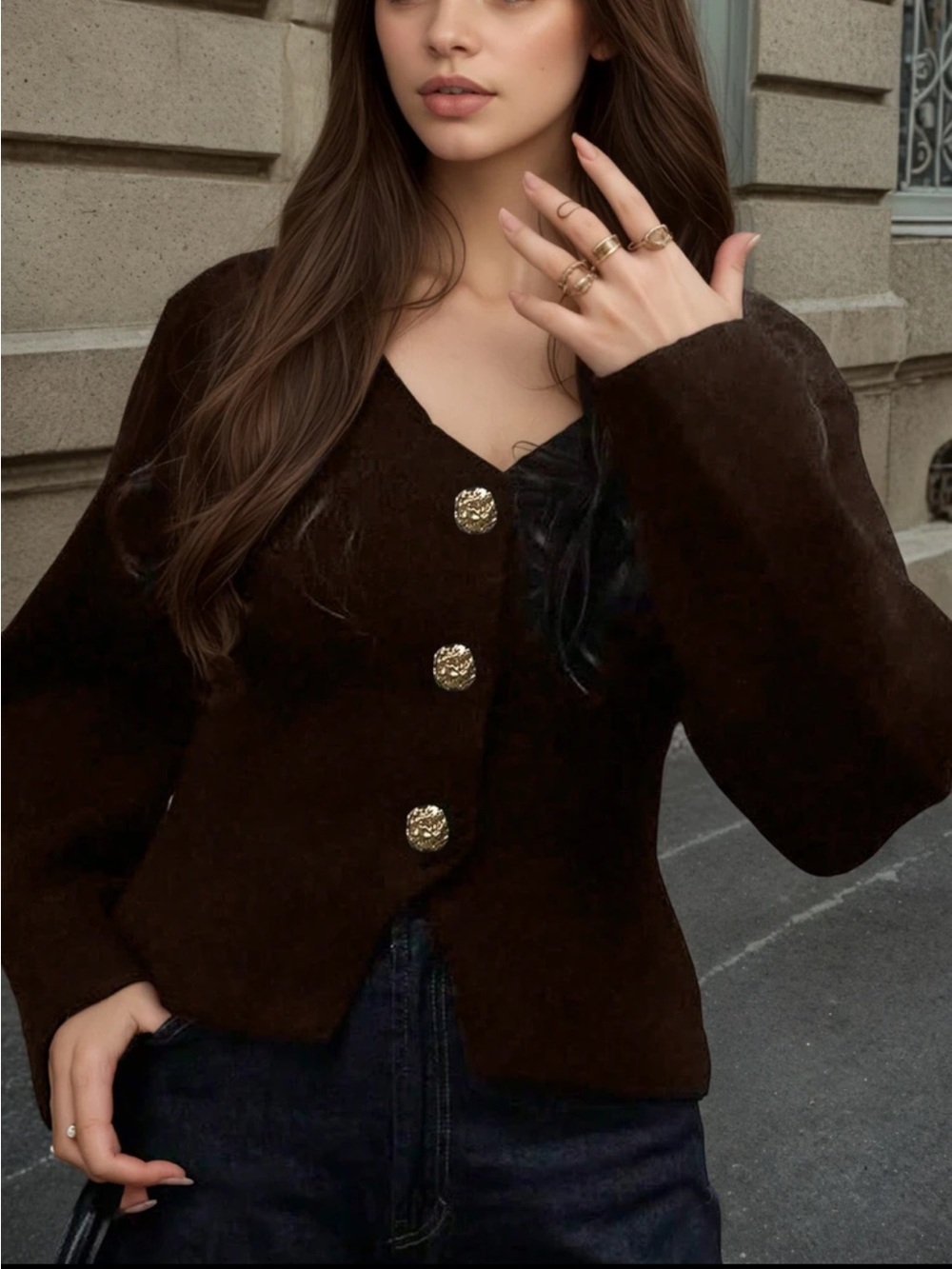 Cozy Women's Dark Brown Button-Front sweater.